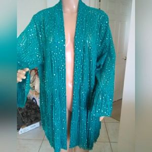 BNWOT AMAZING OPEN DRESSY JACKET GREEN W/ RHINESTONES PLEATED SHEERNESS GORGEOUS